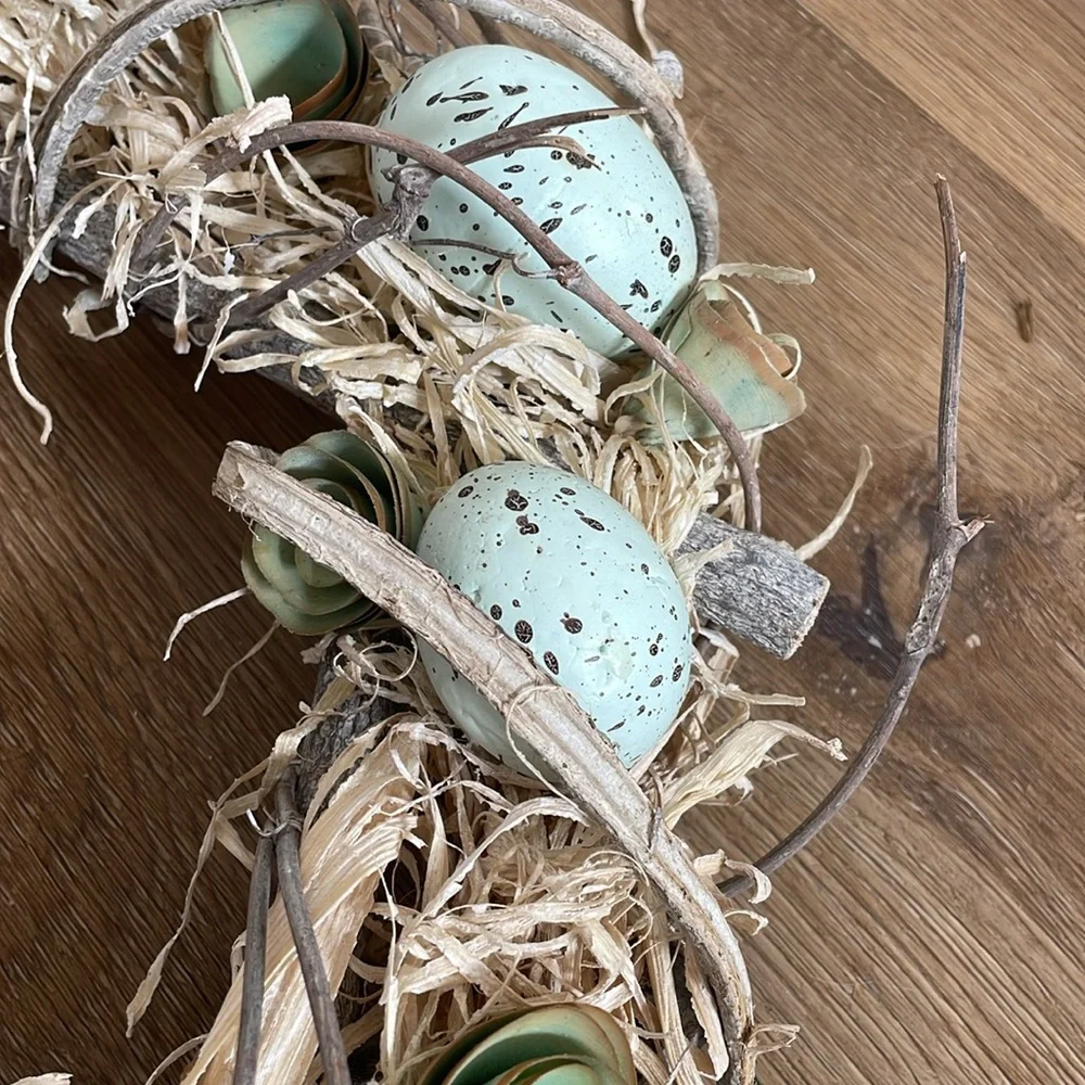14” Faux Flower & Easter Egg Wood Curl Wreath – Pastel Spring Charm! 🌸🥚✨
